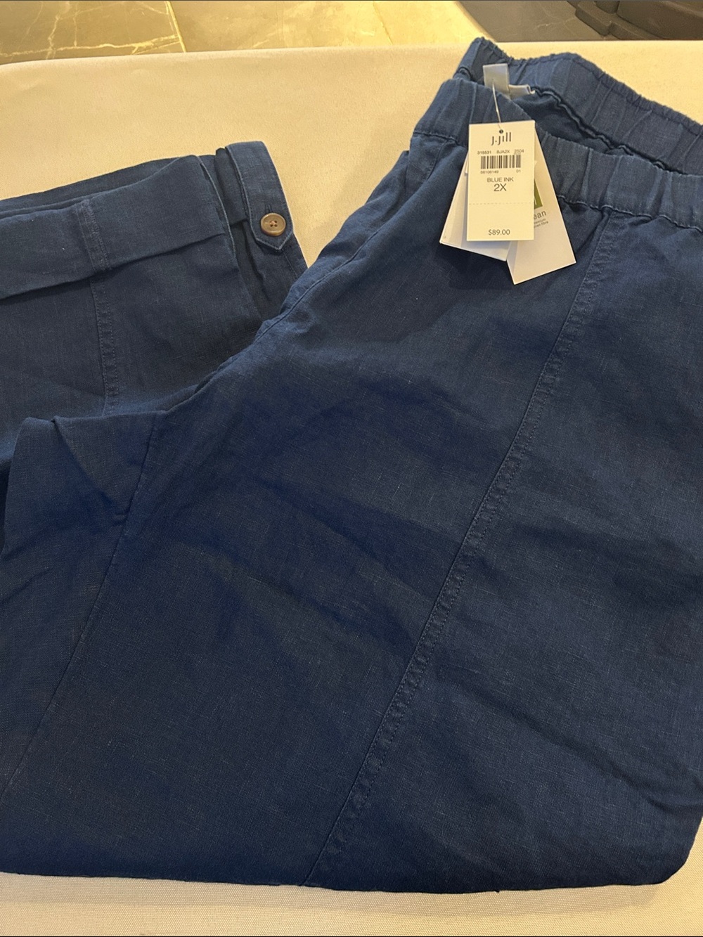 J. Jill Navy Linen Capri Crop Pull-On Cuff Pants Pockets 2X, XXL Reg $89 NWT 2X